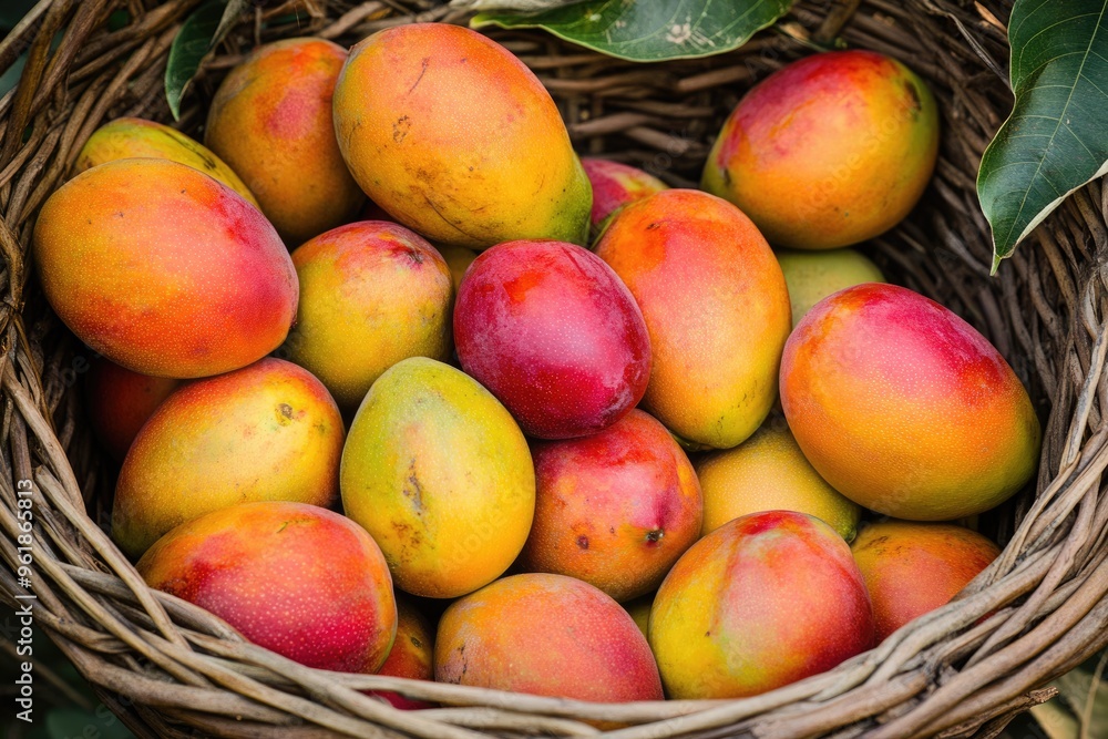 Basket of Mangos. Fresh Harvest of Red Mangoes in a Fruit Basket Basket of Mangos. Fresh Harvest of Red Mangoes in a Fruit Basket