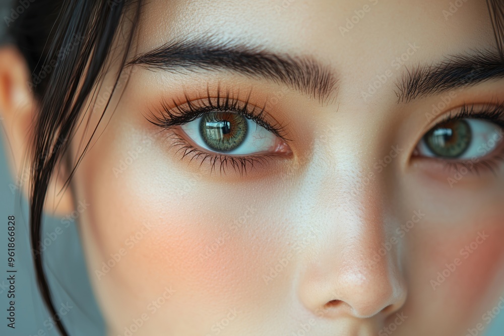 Fototapeta premium Close-up of an Asian womans eye with perfectly applied eyeliner, focus on makeup detail, soft focus, clean and modern backdrop, copy space for stock photo with minimal concept, No logo, No Trademark,