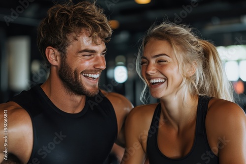 Two muscular individuals in workout attire rest and catch their breath at the gym after what seems like an intense session, exemplifying fitness and workout culture. photo