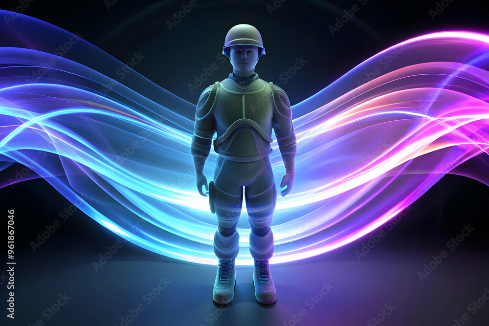 3D Glowing Soldier Silhouette Against Abstract Colorful Background - Symbolizing Bravery and Honor for Hari Pahlawan with Dynamic Light Effects 3D Glowing Soldier Silhouette Against Abstract Colorful Background - Symbolizing Bravery and Honor for Hari Pahlawan with Dynamic Light Effects
