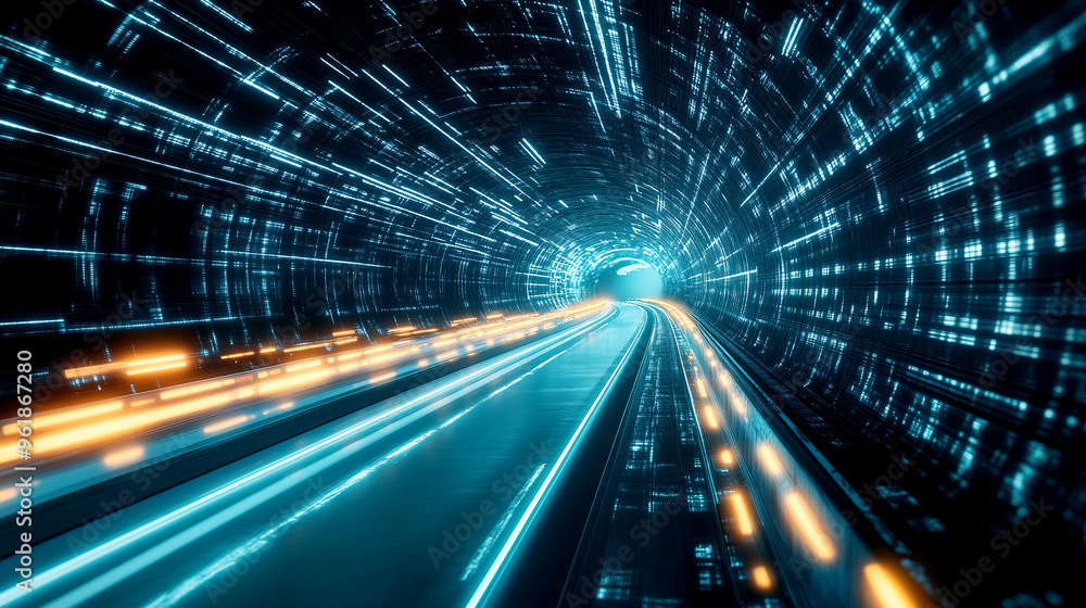 A dynamic, glowing digital tunnel with streaks of blue and orange light representing high-speed futuristic transportation. A dynamic, glowing digital tunnel with streaks of blue and orange light representing high-speed futuristic transportation.