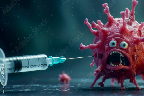 Scared virus character has alarmed expression being approached. Imaginative illustration of viral character reacting to threat. Visual metaphor surprise and stress health pandemics. photo