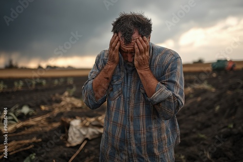 A distressed farmer stands in a muddy field with his hands on his head, the dark stormy sky in the background symbolizes his struggle and hardship against nature's fury. photo