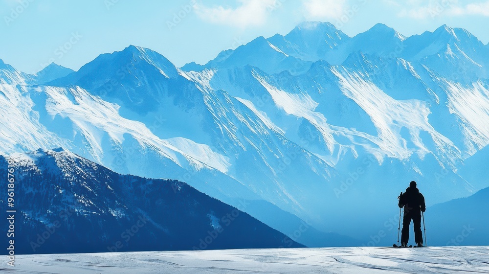 Solitary Hiker Admiring Majestic Snowy Mountain Peaks in Scenic Wilderness Landscape Solitary Hiker Admiring Majestic Snowy Mountain Peaks in Scenic Wilderness Landscape
