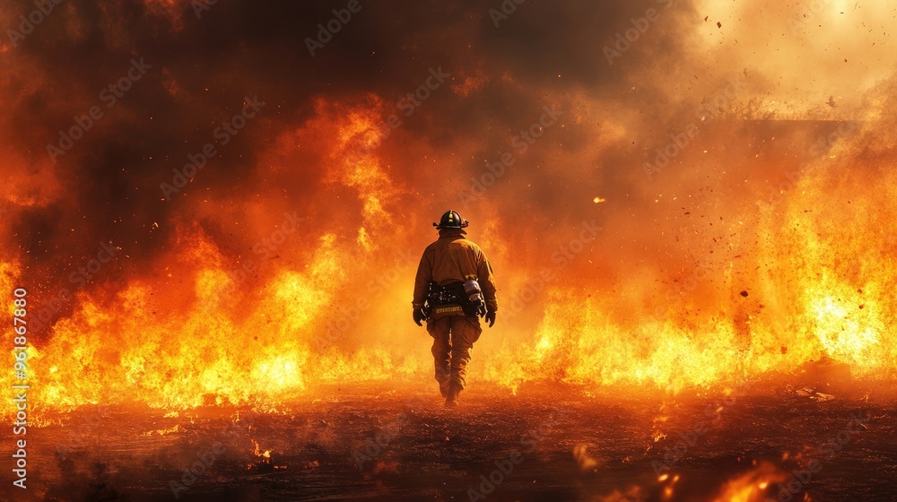 Fototapeta premium A lone firefighter walking through a sea of flames and smoke, engulfed in heat as they fight to control a massive blaze