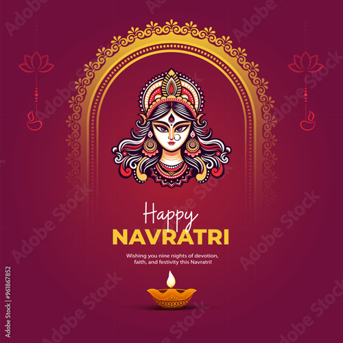 Happy Navratri Festival Greeting Background with Hindu Goddess Durga Illustration	