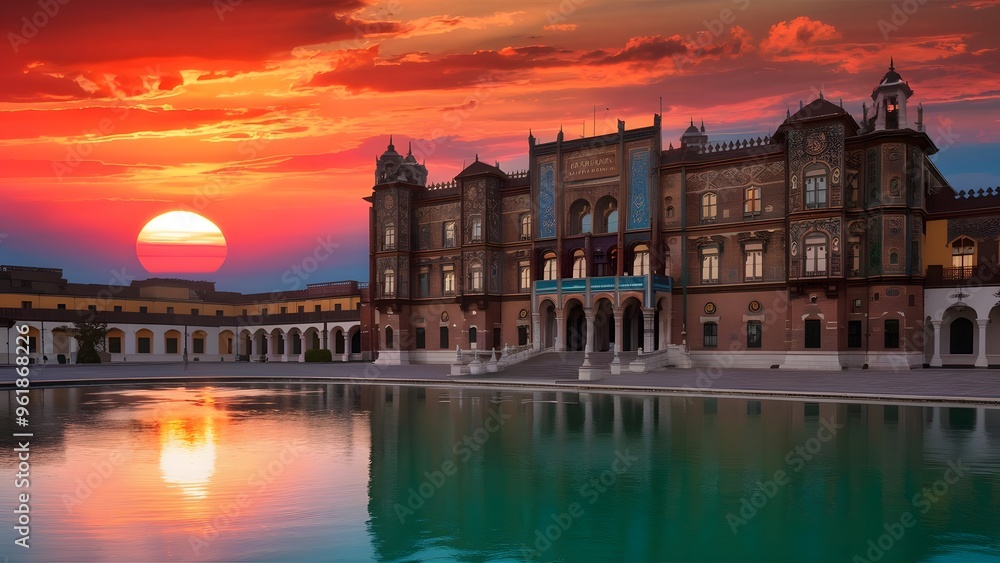 Obraz premium The Palace of Culture at Sunset, generative AI