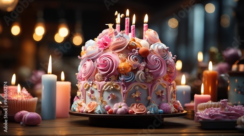 colorful and magical birthay cake with delicious and funny appeareance. photo