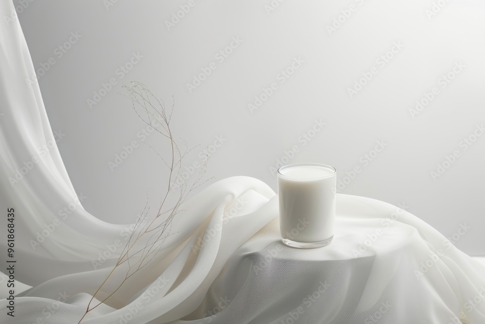 Glass of milk on white cloth with soft lighting in calm environment Glass of milk on white cloth with soft lighting in calm environment