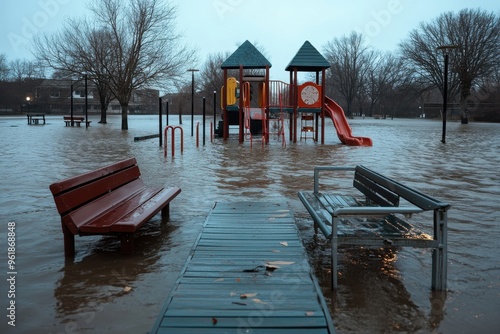 A playground with slides and benches is submerged in floodwater, highlighting the impact of natural disasters on urban environments and the unsettling nature of climate change. photo