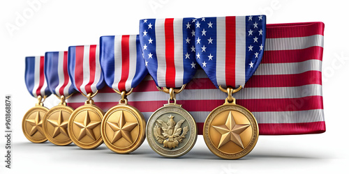3D Military Medals and American Flag Hovering Above Ground - Iconic Symbol of Honor and Service for Veterans on White Background