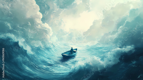 A determined person pushing through a stormy sea in a small boat finally reaching a calm and beautiful shore showing hard-earned success. Stormy Sea. Illustration photo