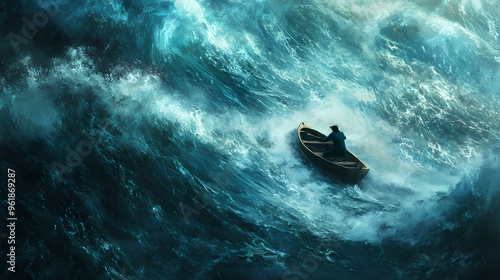 A determined person pushing through a stormy sea in a small boat finally reaching a calm and beautiful shore showing hard-earned success. Stormy Sea. Illustration photo