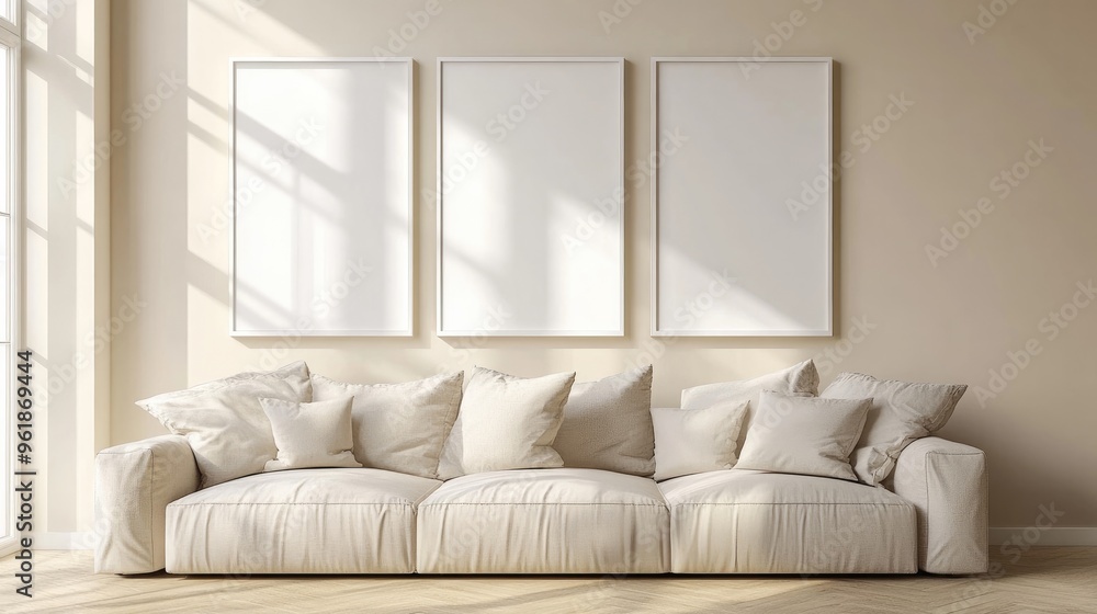 White Frames on the Wall of an Empty Living Room with a Sofa in Beige Tones, Mockup White Frames on the Wall of an Empty Living Room with a Sofa in Beige Tones, Mockup
