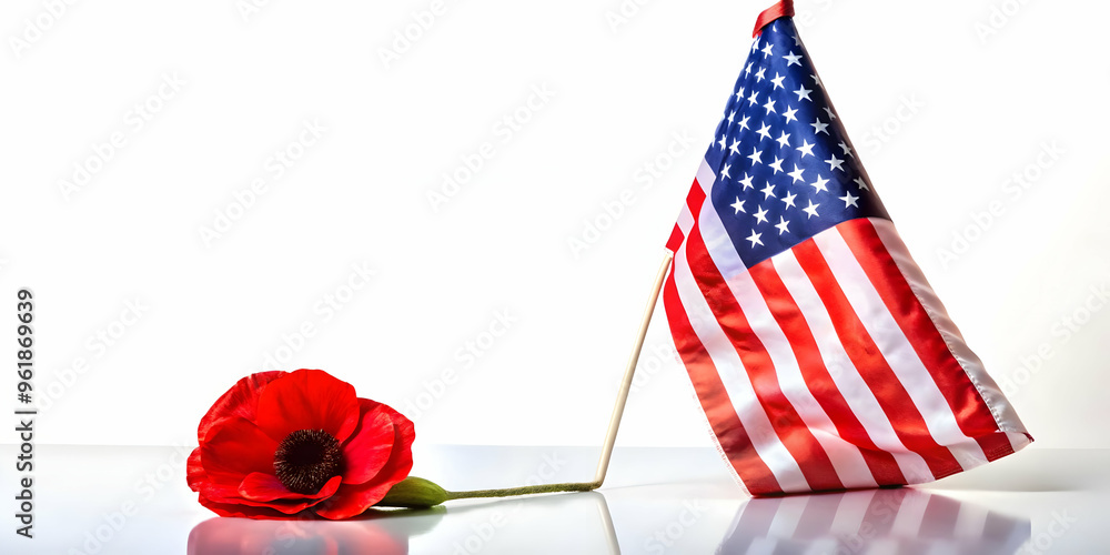 Obraz premium 3D Poppy and Folded American Flag Hovering Above Ground - A Serene and Reflective Tribute for Veterans Day on Isolated White Background