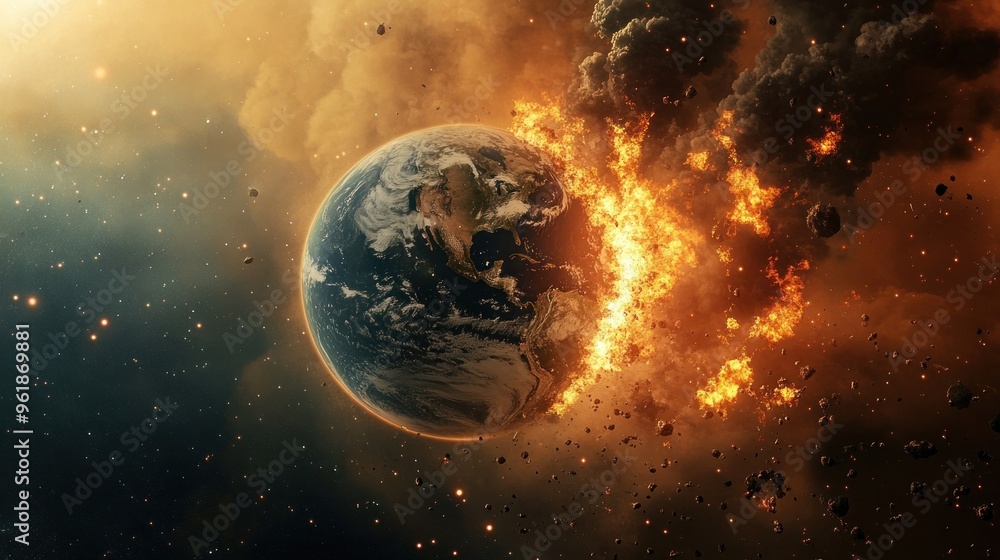 The final moment of the world burning planet crashing into the destroyed city background wallpaper AI generated image The final moment of the world burning planet crashing into the destroyed city background wallpaper AI generated image
