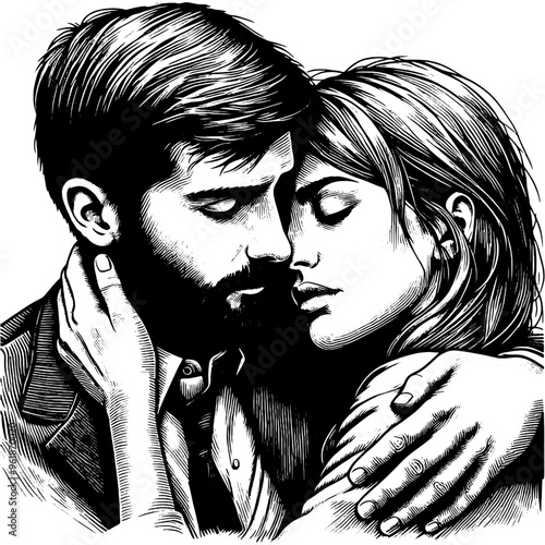 Romantic couple embracing in a detailed black and white illustration. Vector, generative ai.