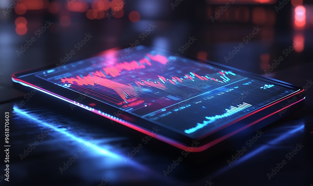 Red Line Graph Displayed on a Futuristic Tablet Red Line Graph Displayed on a Futuristic Tablet
