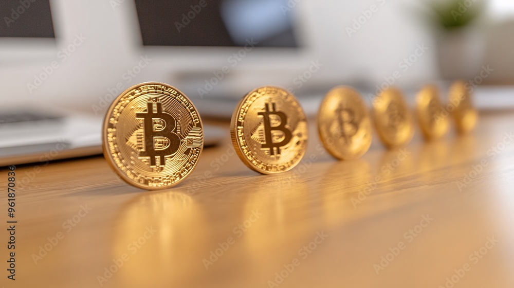 A close-up of shiny Bitcoin coins aligned on a wooden desk, symbolizing digital currency and investment. A close-up of shiny Bitcoin coins aligned on a wooden desk, symbolizing digital currency and investment.