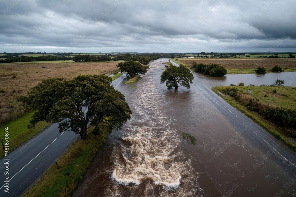 Fototapeta premium A heavily flooded roadway where water rushes over the asphalt surface, surrounded by trees and fields, indicating an extreme weather event impacting the rural landscape.