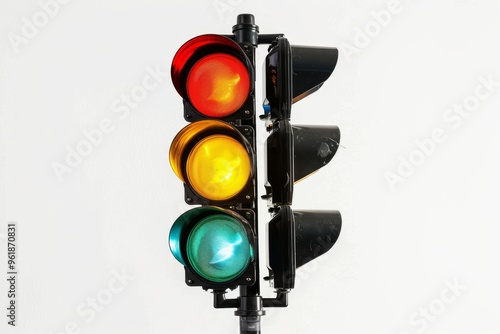 Traffic light displaying red, yellow, and green at intersection
