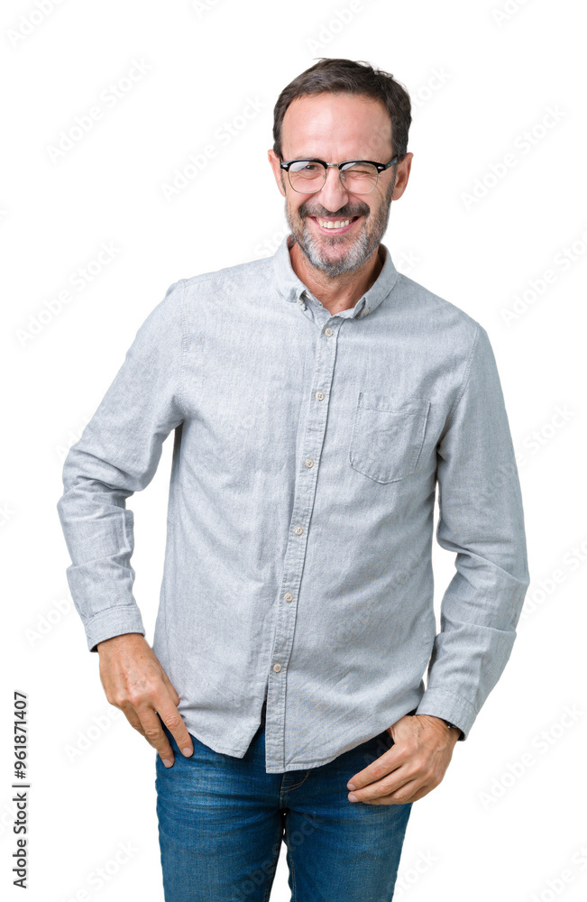 Handsome middle age elegant senior man wearing glasses over isolated background winking looking at the camera with sexy expression, cheerful and happy face. Handsome middle age elegant senior man wearing glasses over isolated background winking looking at the camera with sexy expression, cheerful and happy face.