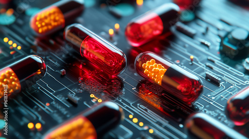 Innovative capsules and pills scattered on a circuit board with glowing lights, showcasing a blend of technology and medicine. Generative AI. photo