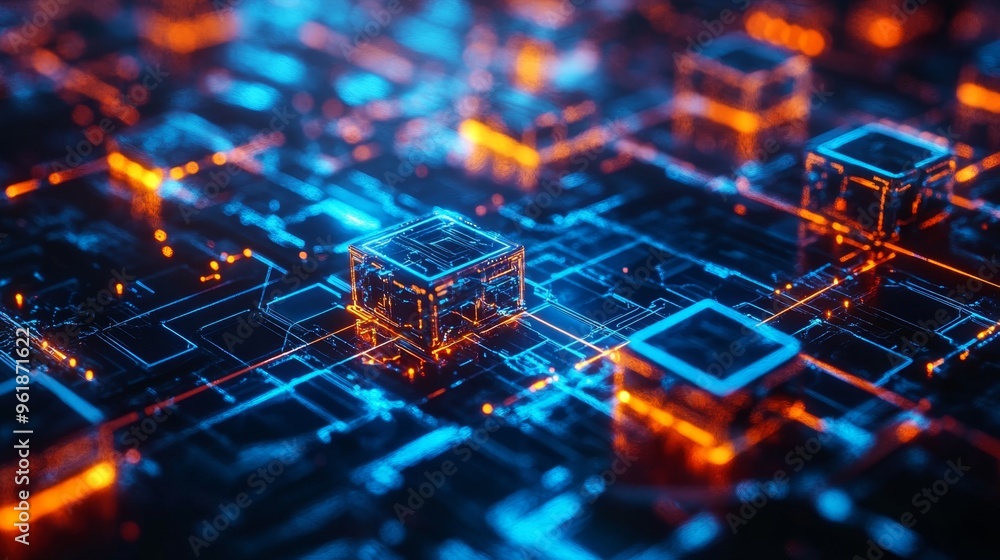 Abstract visuals of blockchain technology in business, featuring interconnected digital blocks and data nodes in a sleek, futuristic style Abstract visuals of blockchain technology in business, featuring interconnected digital blocks and data nodes in a sleek, futuristic style