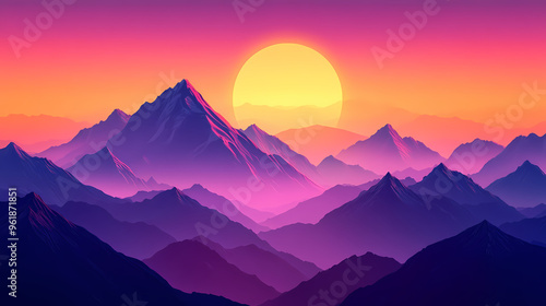 A mountain range with a large sun in the sky. Mountain Range. Illustration