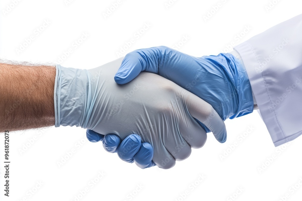 Shaking Hands With Gloves. Safe and Clean Handshake with Surgical Rubber Gloves on White Background Shaking Hands With Gloves. Safe and Clean Handshake with Surgical Rubber Gloves on White Background