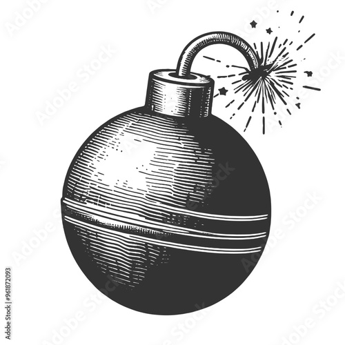  classic round bomb with a lit fuse, designed in a dynamic vintage comic style with explosion effects sketch engraving generative ai vector illustration. Scratch board imitation. Black and white image