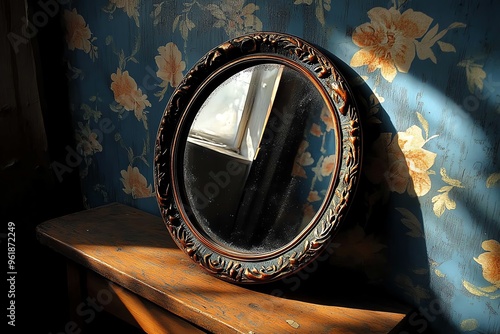 Spooky bedroom, dark mirror, antique and tarnished reflects the room with a distorted, ghostly quality photo