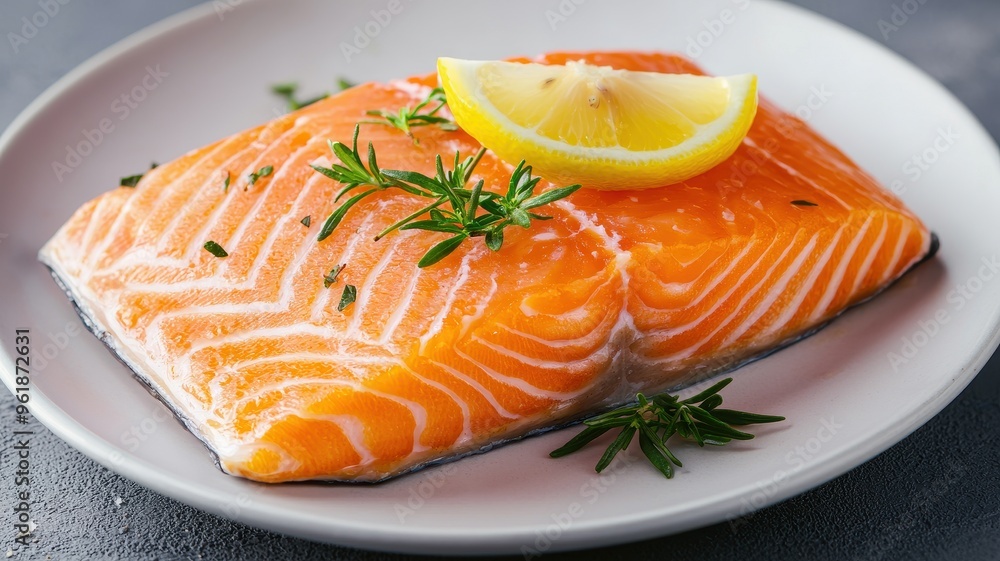 Fresh salmon fillet garnished with lemon and herbs, perfect for healthy meals and gourmet cooking.