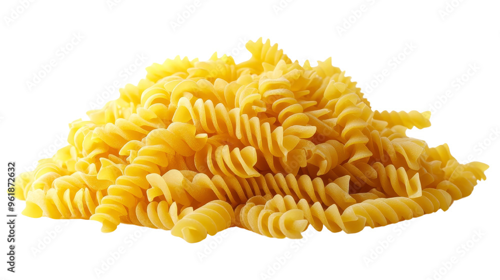 A delicious pile of uncooked fusilli pasta, ideal for various Italian dishes or culinary presentations. A delicious pile of uncooked fusilli pasta, ideal for various Italian dishes or culinary presentations.