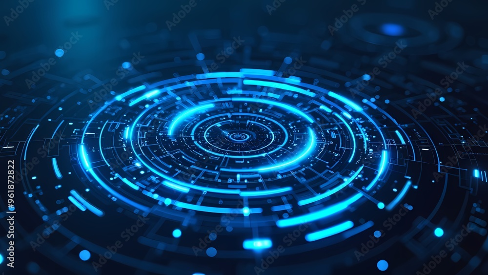 Fototapeta premium Futuristic Glowing Blue Concentric Circles with Digital Particle Effects