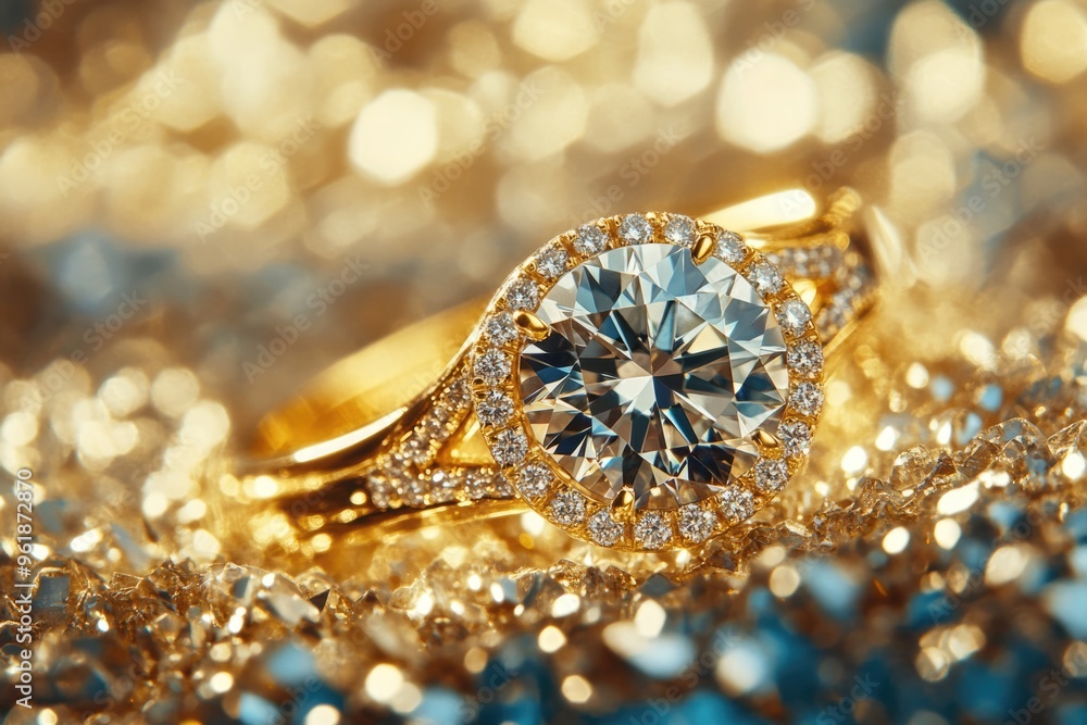 Unusual Background With Jewels. Brilliant Design of Golden Ring with Diamond Unusual Background With Jewels. Brilliant Design of Golden Ring with Diamond