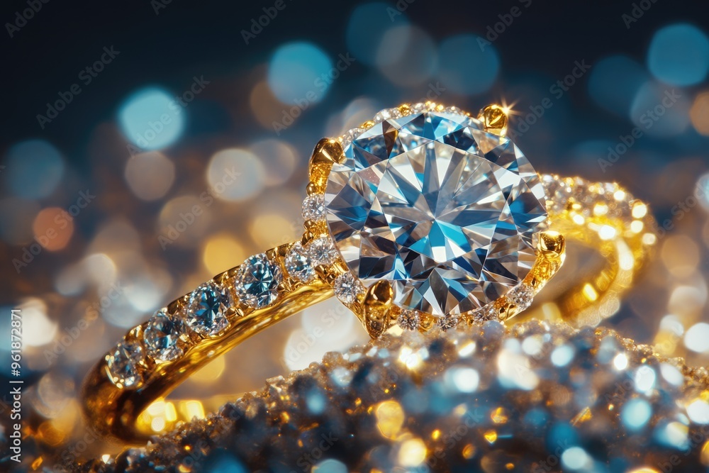 Unusual Background With Jewels. Golden Ring with Carat Diamond. Jewelry Accessory for Fashion and Celebrate Unusual Background With Jewels. Golden Ring with Carat Diamond. Jewelry Accessory for Fashion and Celebrate