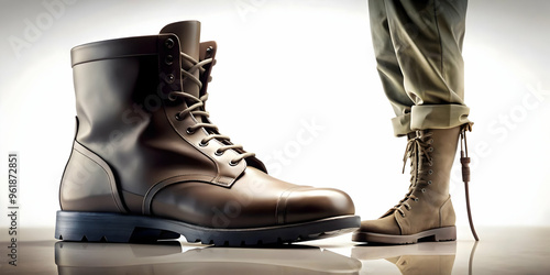 3D Soldier Silhouette and Military Boots Gently Floating - Poignant Symbol of Veteran Sacrifice Isolated on White Background photo