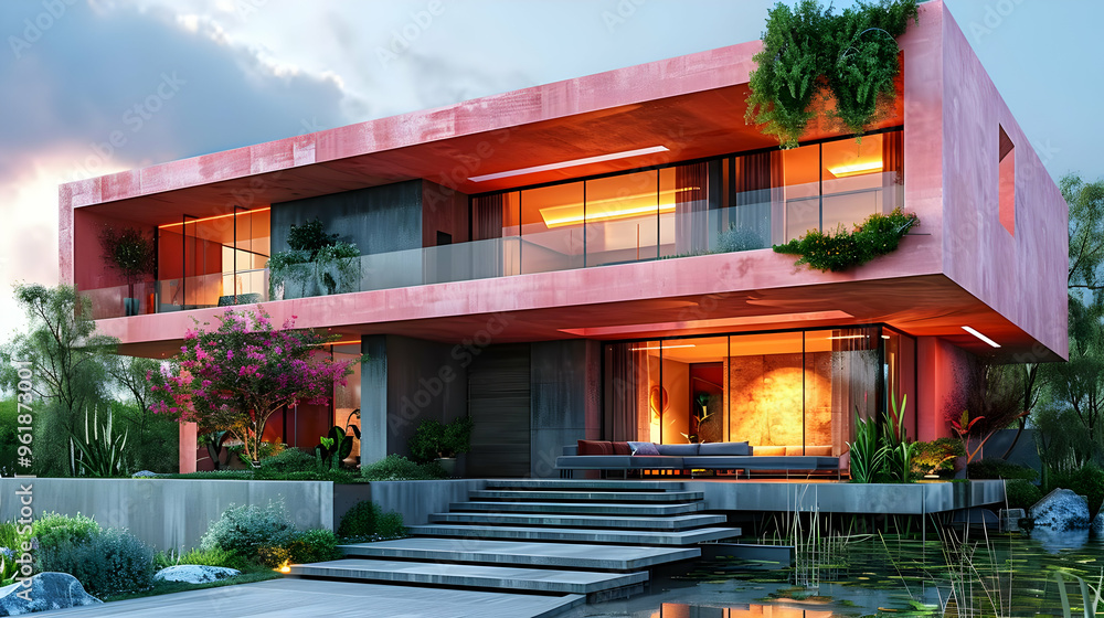 Fototapeta premium Modern Pink House with Outdoor Patio and Pool - 3D Illustration