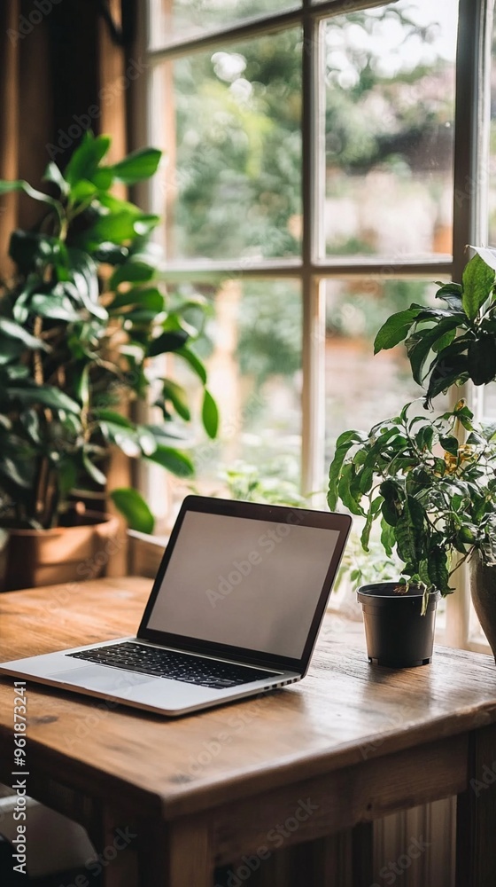 Cozy home office setup with laptop on wooden desk by window, surrounded by lush green plants, creating a serene and productive workspace atmosphere. Cozy home office setup with laptop on wooden desk by window, surrounded by lush green plants, creating a serene and productive workspace atmosphere.