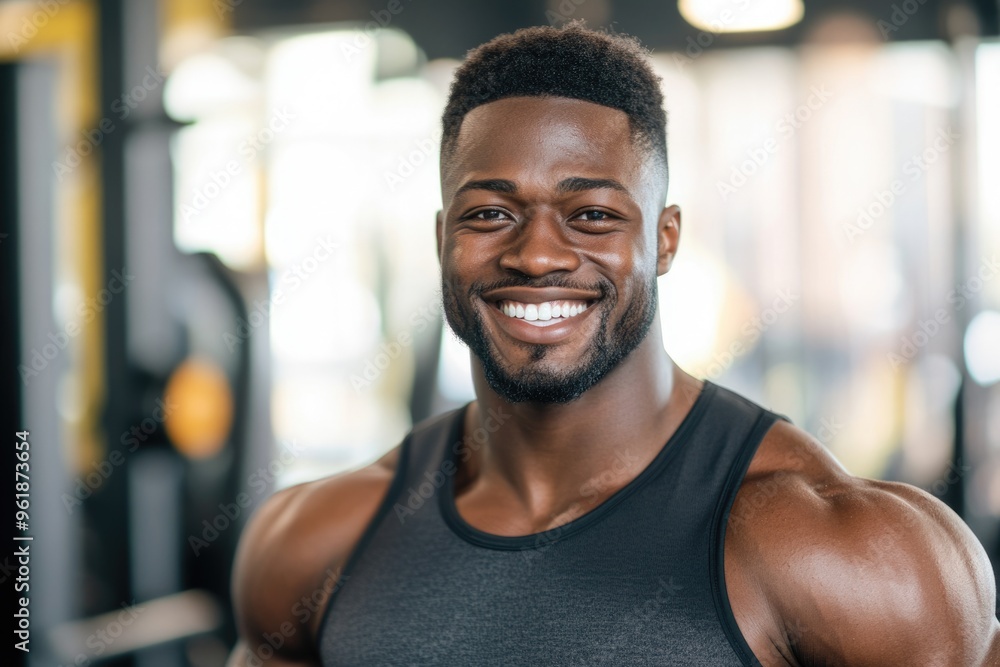Athletic Man Headshot. Smiling Muscular African American Athlete in Casual Attire at the Gym Athletic Man Headshot. Smiling Muscular African American Athlete in Casual Attire at the Gym