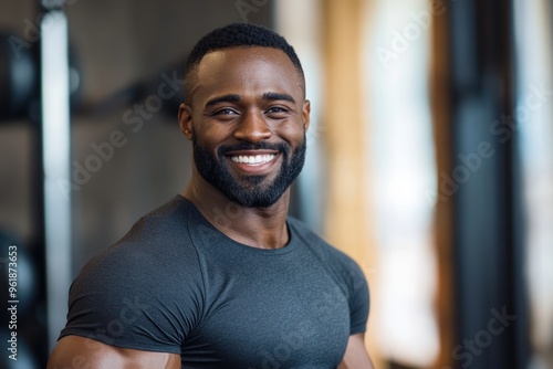 Athletic Man Headshot. Confident African American Athlete Smiling in Gym