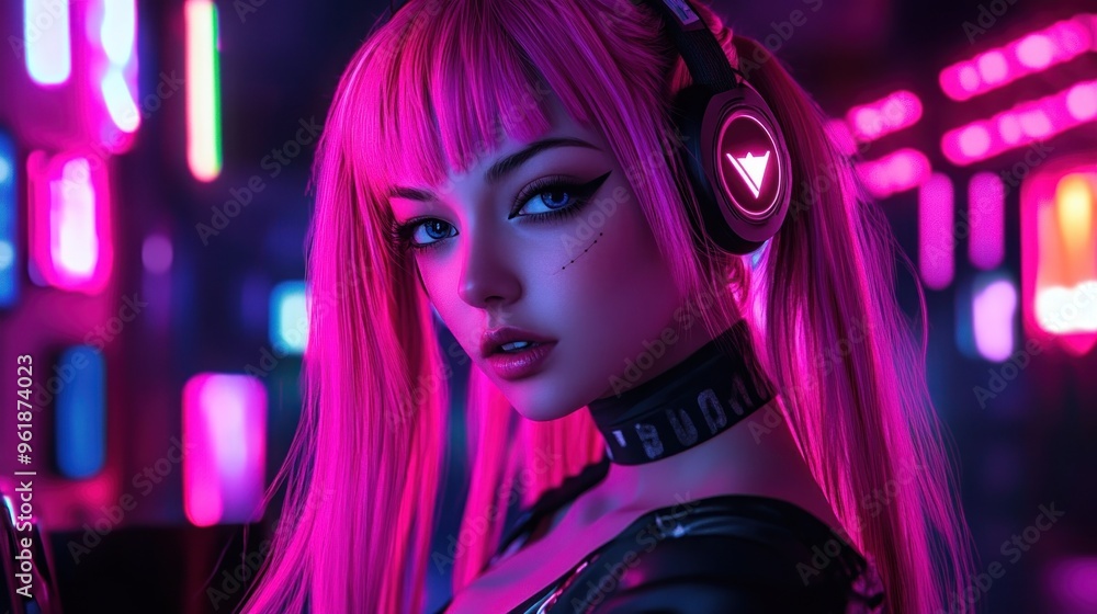 A cyberpunk young girl with headphones with pink hair anime style background wallpaper AI generated image A cyberpunk young girl with headphones with pink hair anime style background wallpaper AI generated image