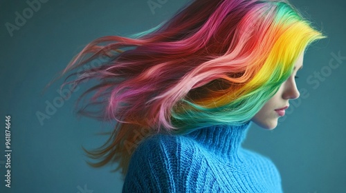 Vibrant rainbow-colored hair flows in motion, contrasting with a cozy blue sweater against a teal background, embodying creativity and self-expression.