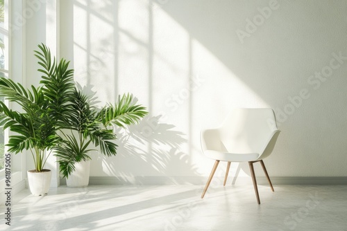 Building Mockup Plants. Modern Green Room Design with White Furniture