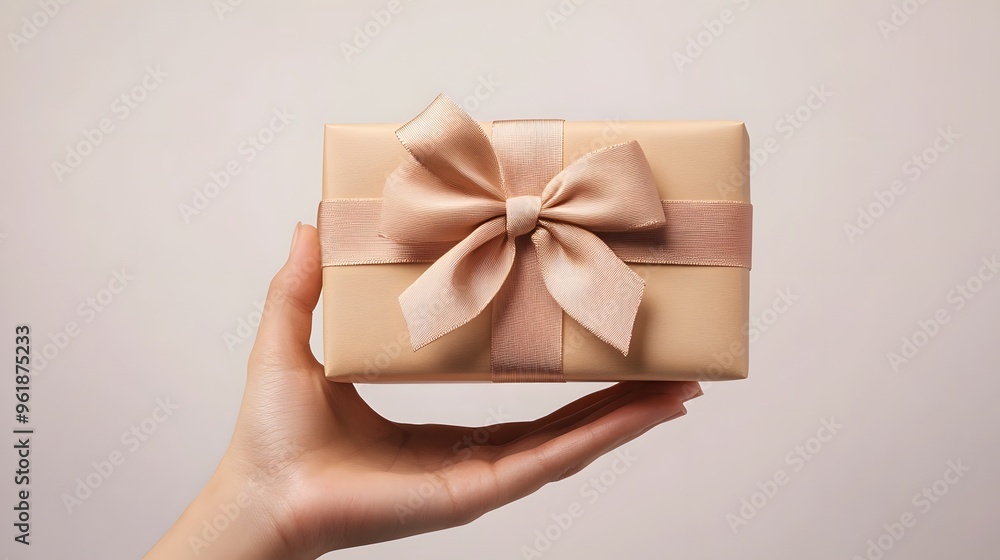 Hand Holding a Gift Box with a Bow: A hand presenting a neatly wrapped gift box with a perfectly tied bow, against a plain white background.
Hand Holding a Gift Box with a Bow: A hand presenting a neatly wrapped gift box with a perfectly tied bow, against a plain white background.