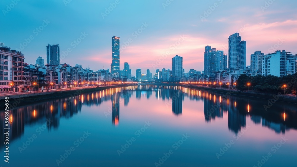 A serene skyline view at sunset, reflecting vibrant colors in the calm waters of a river in a bustling city. A serene skyline view at sunset, reflecting vibrant colors in the calm waters of a river in a bustling city.