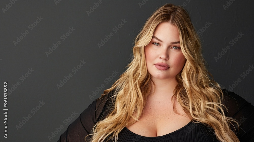 Radiant blonde woman with flowing hair and striking features poses confidently against dark background, exuding elegance and beauty in black attire. Radiant blonde woman with flowing hair and striking features poses confidently against dark background, exuding elegance and beauty in black attire.
