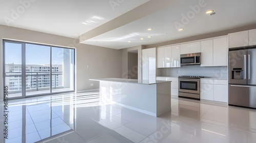 An empty, modern kitchen with sleek, white cabinetry and stainless steel appliances.
