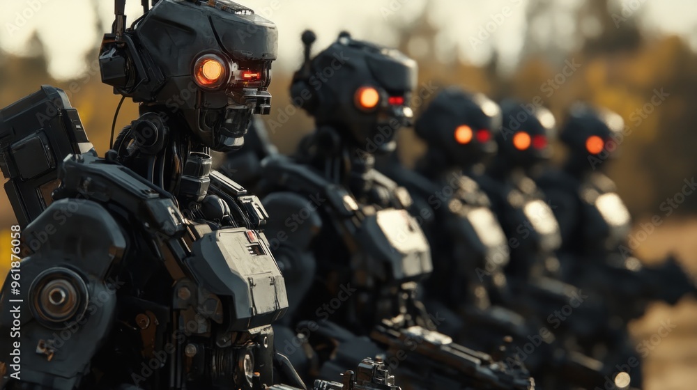 Fototapeta premium Cyberpunk military army robot squad with future advanced technology modern humanoid background wallpaper AI generated image